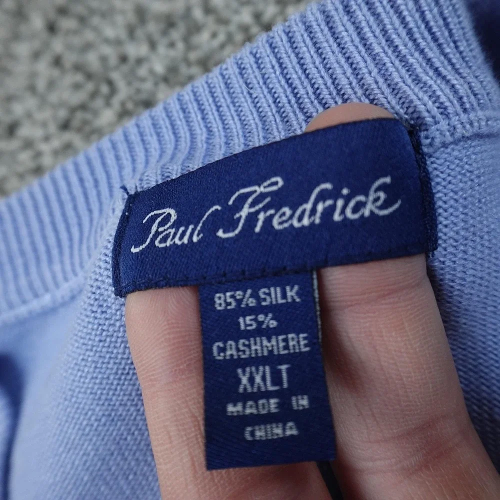 Paul Fredrick Sweater Vest Mens 2XLT Blue Silk Cashmere V Neck Knit Grandpa Cozy